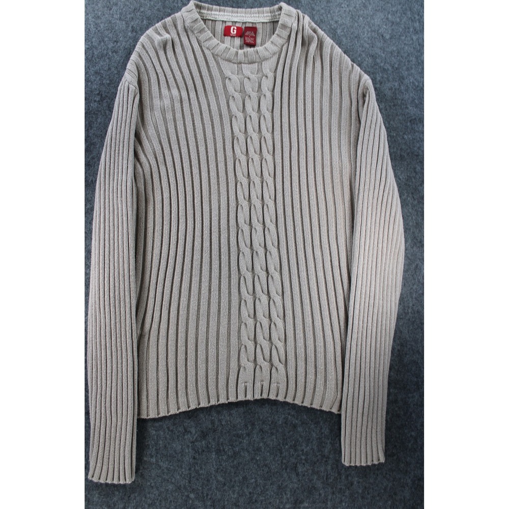Vintage Guess Jeans Mens L Cable Knit Sweater Beige Tan Cotton Hong Kong 90s Y2K